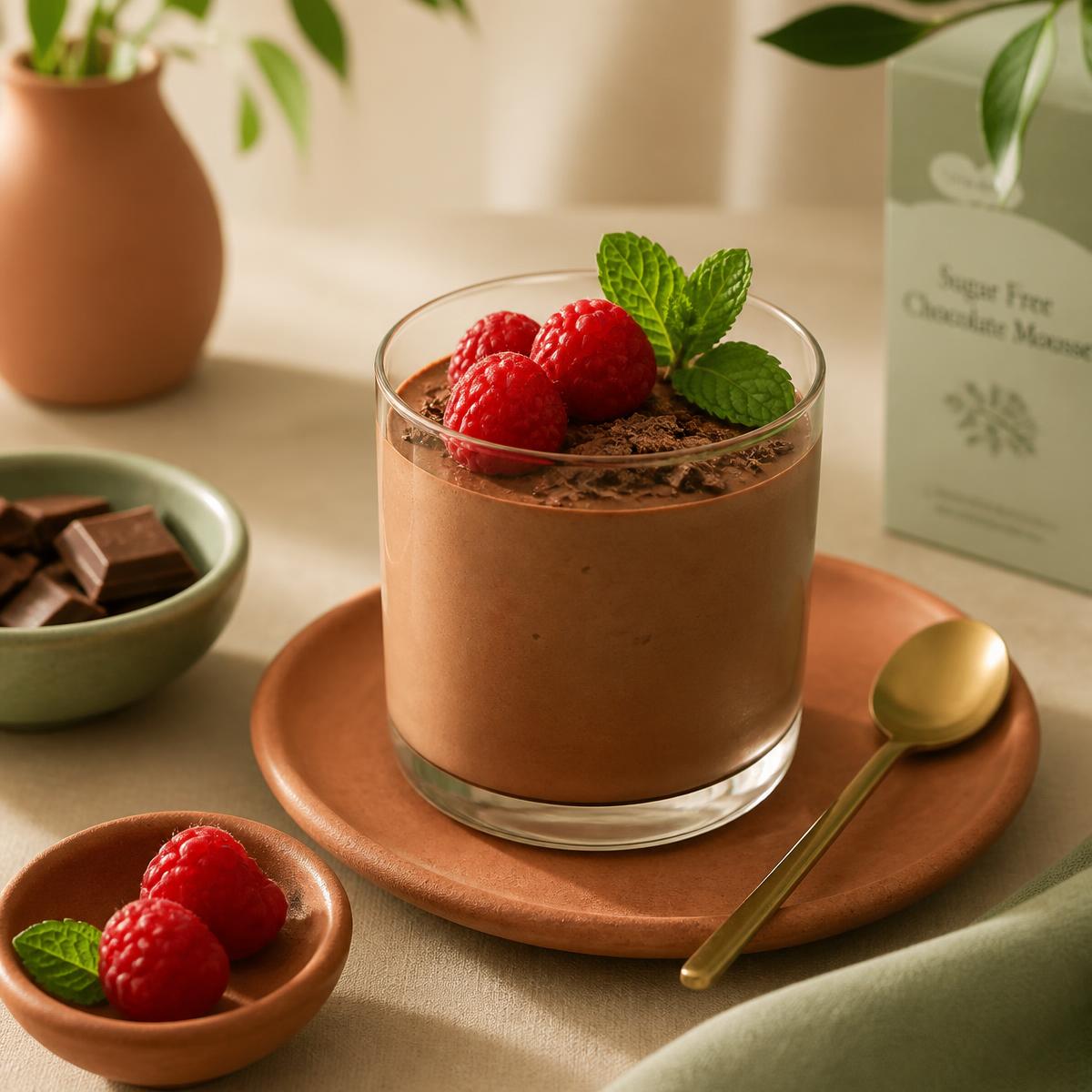 Mousse de chocolate sin azúcar con frambuesas y menta
